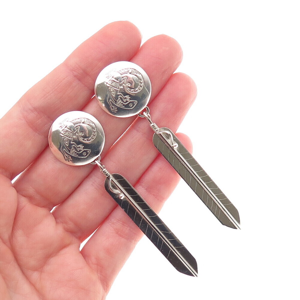 Old Pawn Sterling Silver Vintage Southwestern Lizard Feather Dangle Earrings